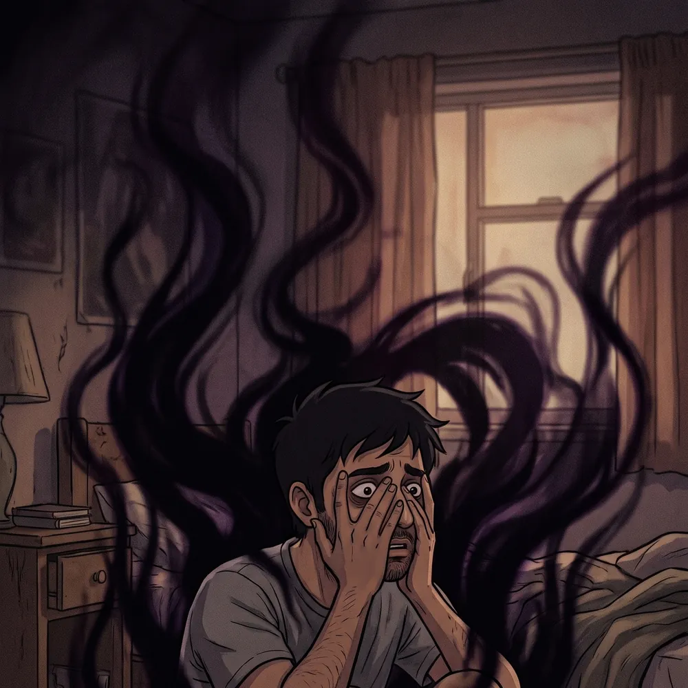 Illustration of an anxious man with his hands over his face, surrounded by dark swirling shapes representing anxiety