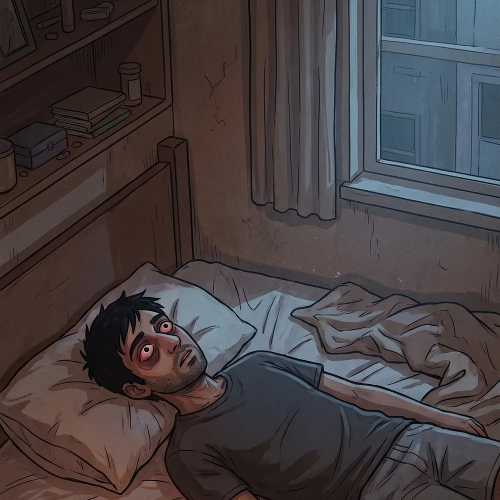 Illustration of a man lying awake in bed at three in the morning, unable to sleep