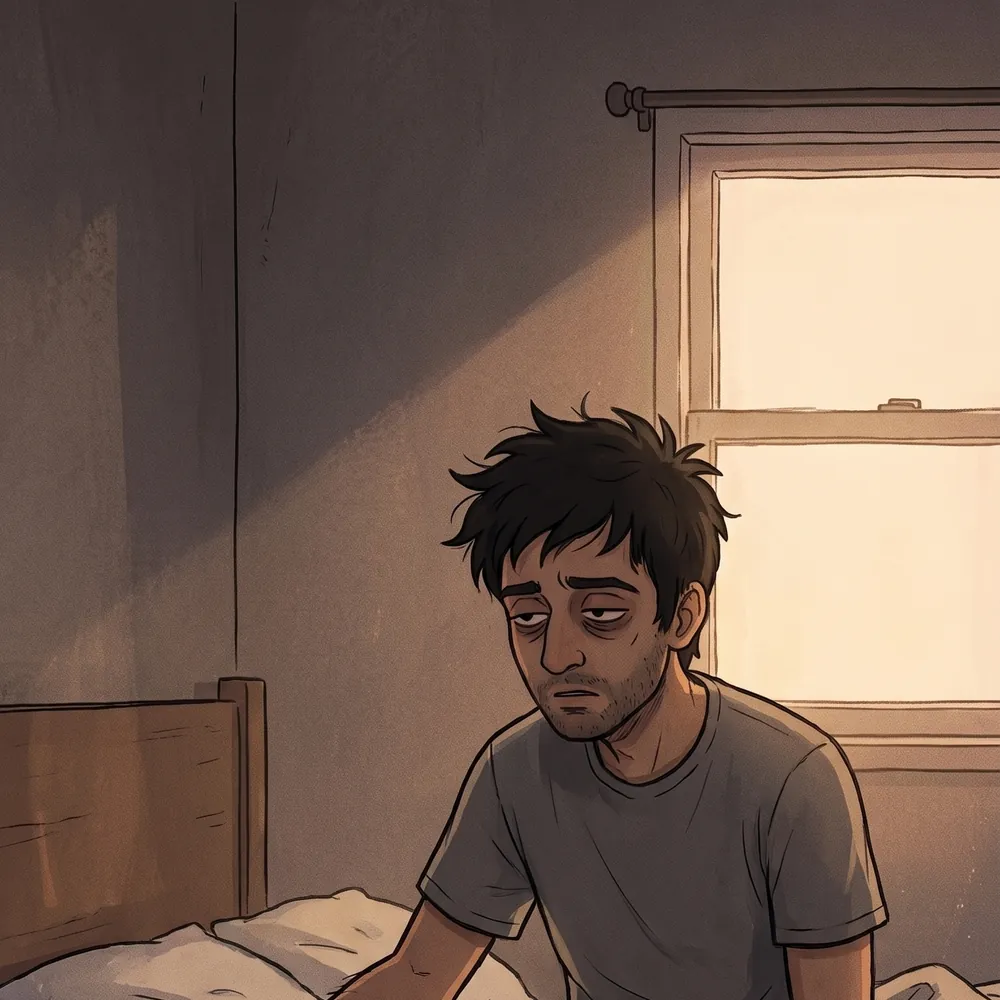 Illustration of a man sitting on the edge of his bed in early morning light, starting a daily routine