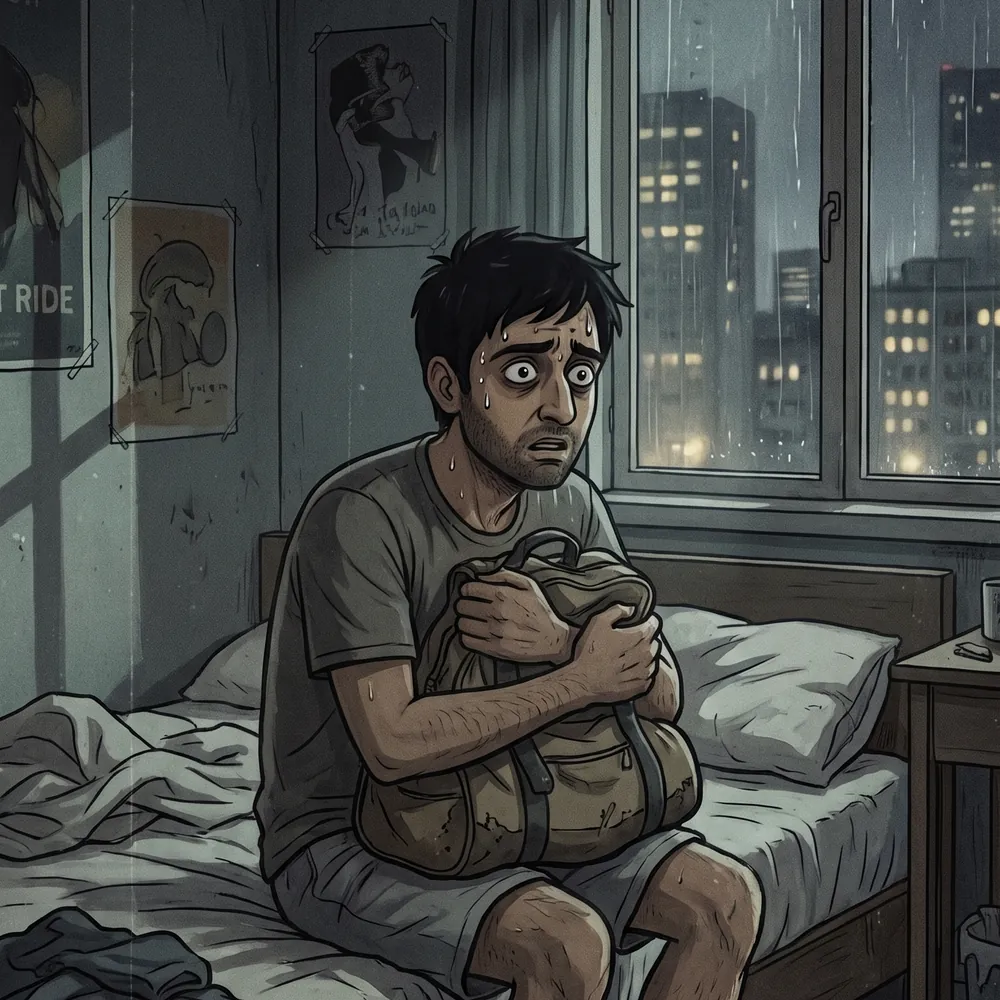 Illustration of a man sitting on a bed in a shared room at night, with no privacy of his own