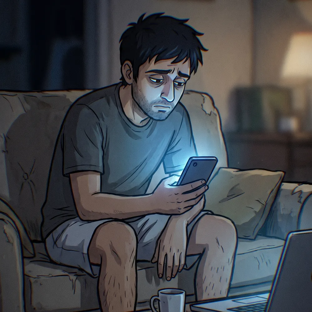 Illustration of a bored man slumped on a couch at night scrolling on his phone