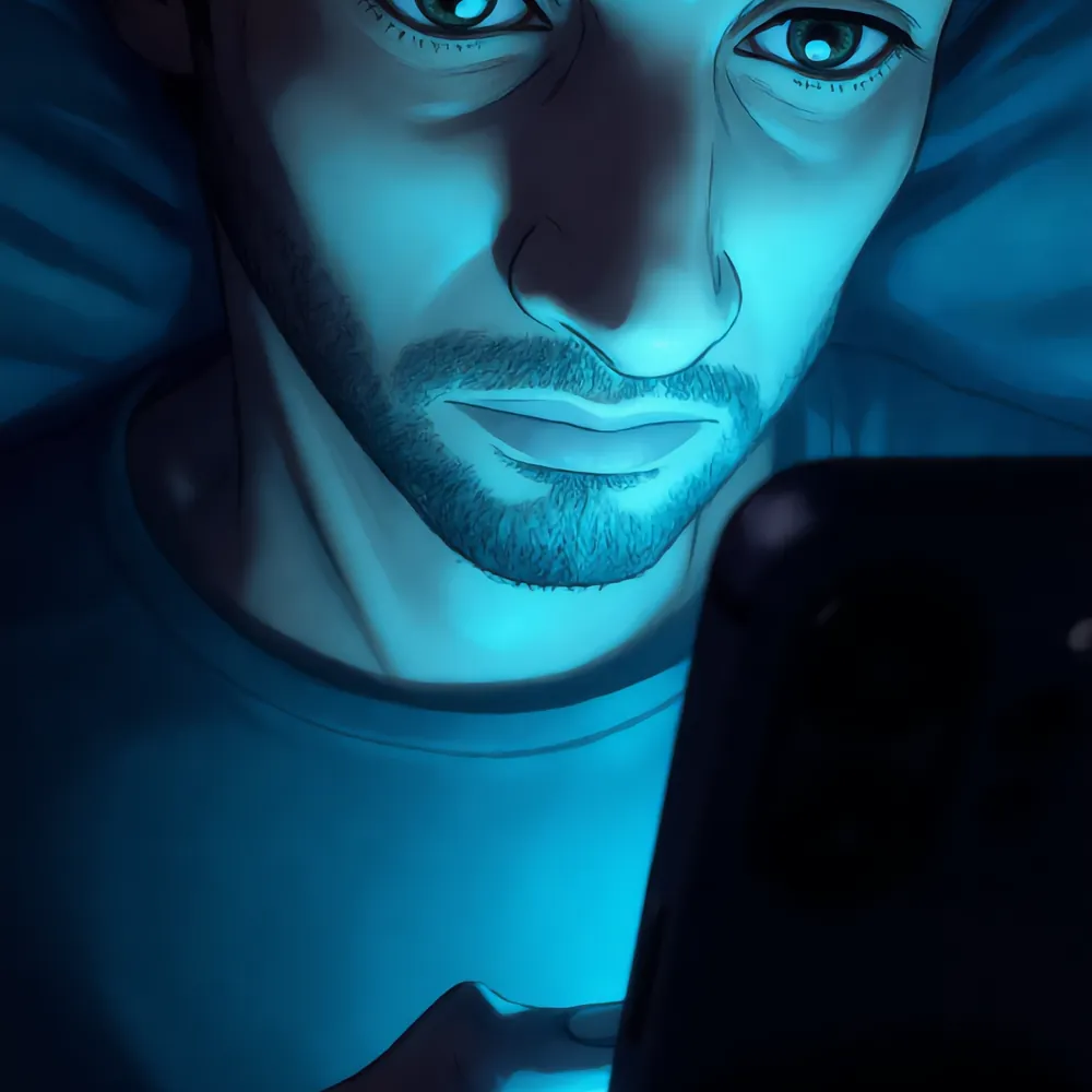 Close-up illustration of a man’s face lit by phone glow in the dark, illustrating patterns of porn use