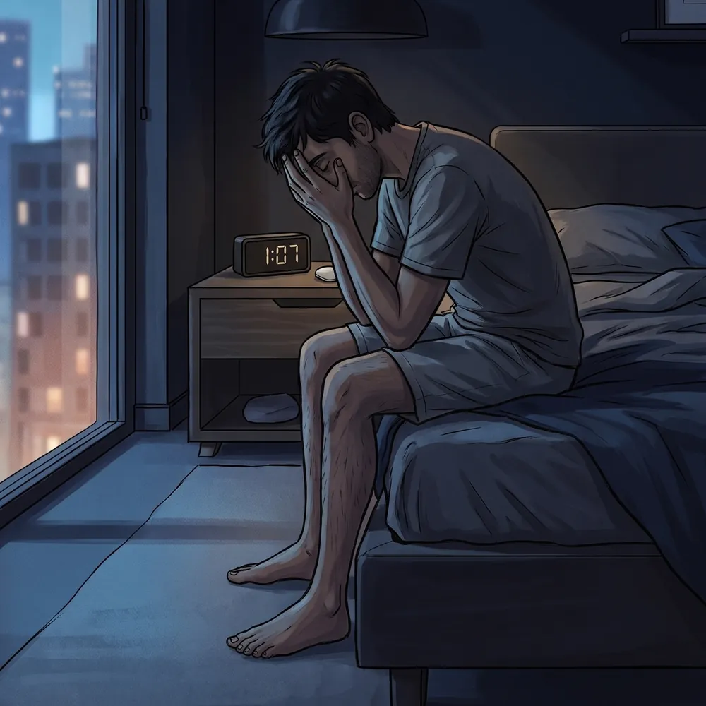 Illustration of a frustrated man sitting on the edge of a bed at night with his head in his hands after an argument