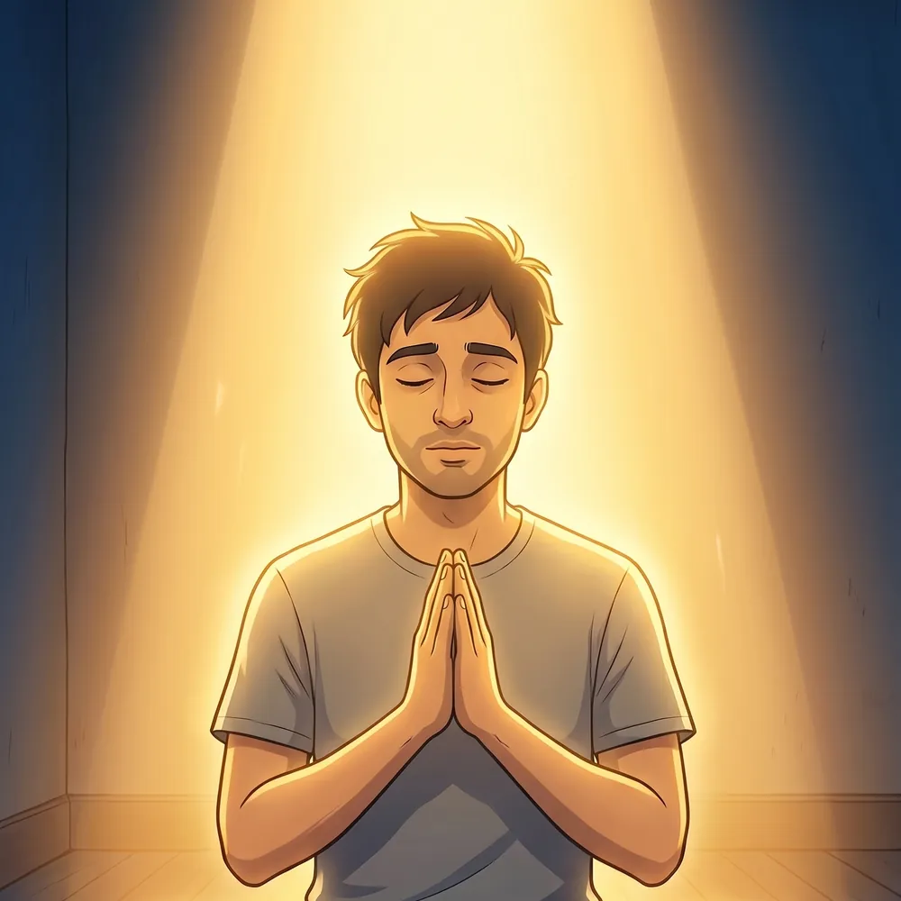 Illustration of a man meditating calmly in a shaft of warm light as a daily practice for handling urges