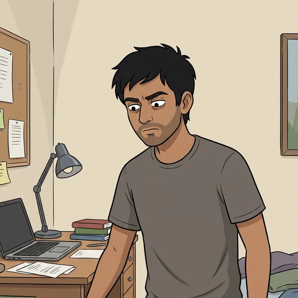Illustration of a man standing with composure and physical energy, using exercise as an outlet for restlessness