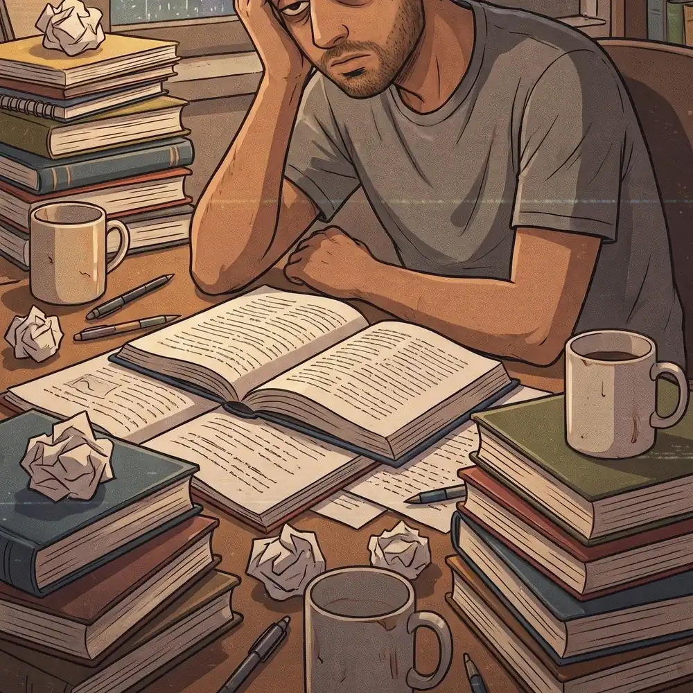 Illustration of an exhausted student surrounded by textbooks, coffee cups and crumpled paper during exam season